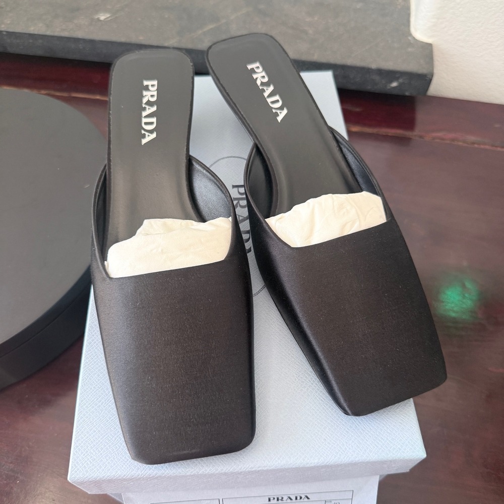Prada 1I479N Black Satin Square Toe Kitten Heel Mules Sandals Shoes IT 40 - Picture 8 of 13